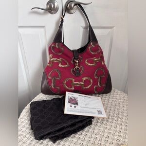 Authenticated Vintage Gucci Red GG Canvas and Leather Horsebit Hobo